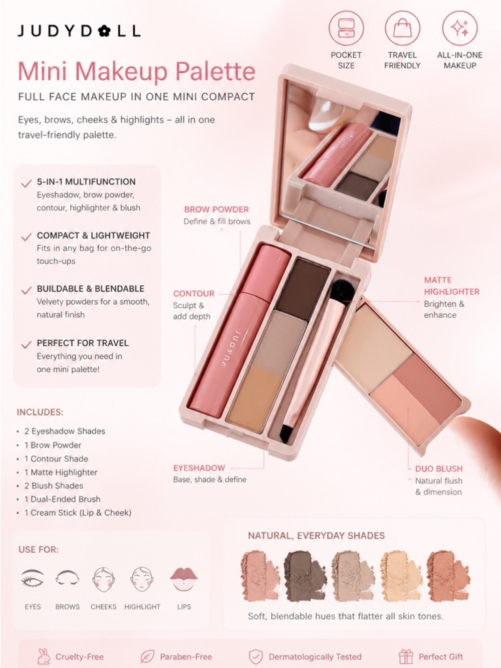 JUDYDOLL Mini Makeup Palette + Mini Liquid Lipstick | All-in-One Travel Compact - Picture 2 of 9